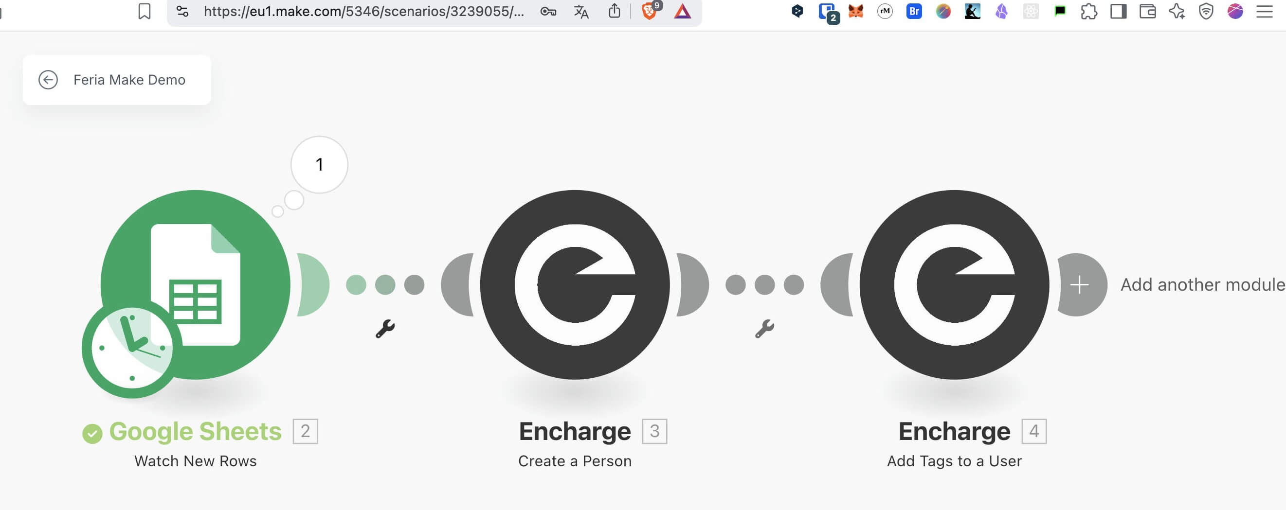 Flujo de make desde google forms, google sheet y encharge